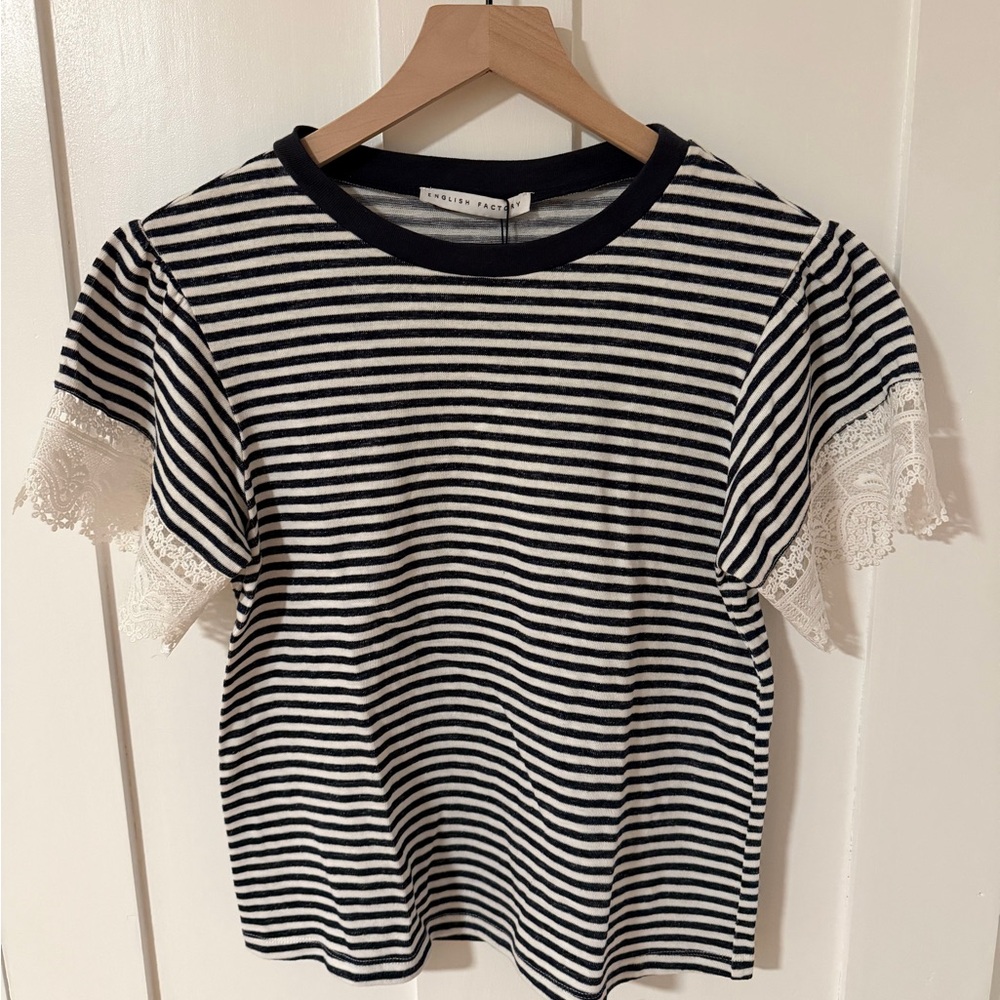 English Factory Navy Stripe Lace Short Sleeve NWT